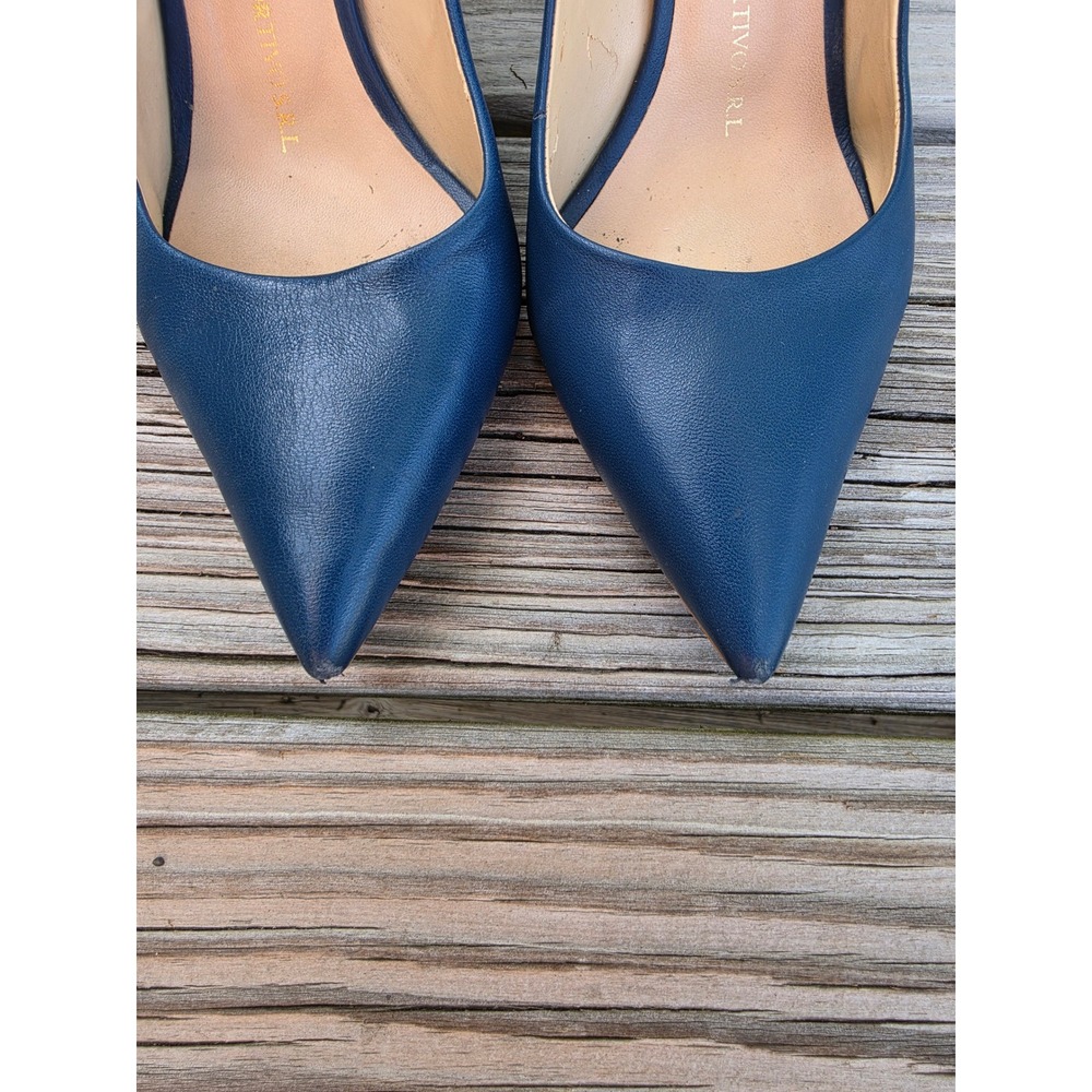 Versace 1969 Navy Blue Leather Pointed Toe Stiletto Pumps Made in Italy Size 37 - Picture 10 of 11
